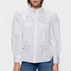 Zara White Poplin Perforated Embroidered Top